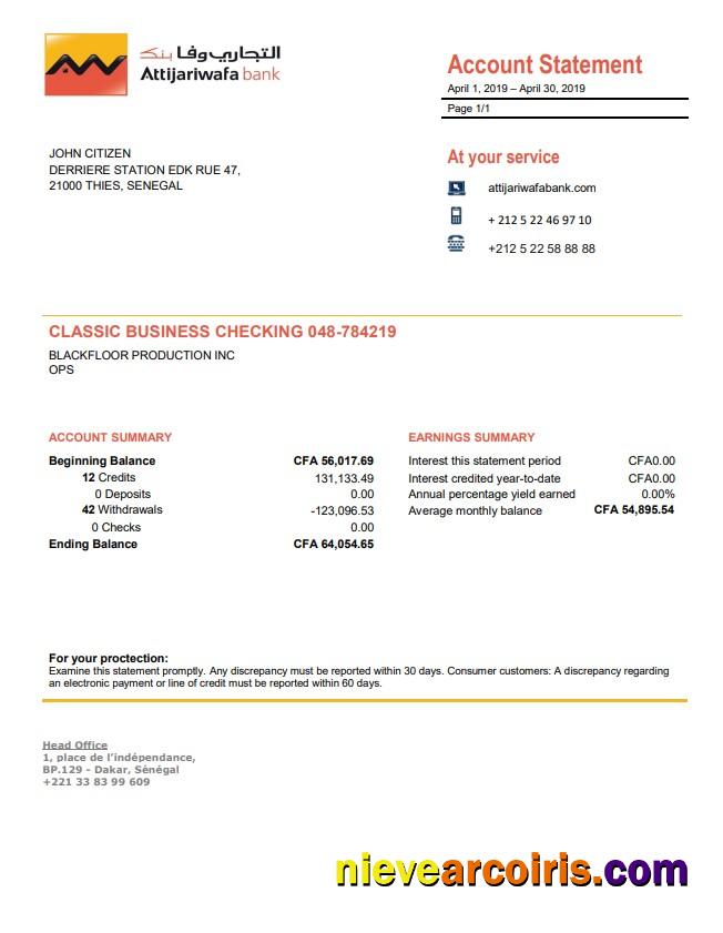 Senegal Attijariwafa Bank proof of address statement in Word and PDF format
